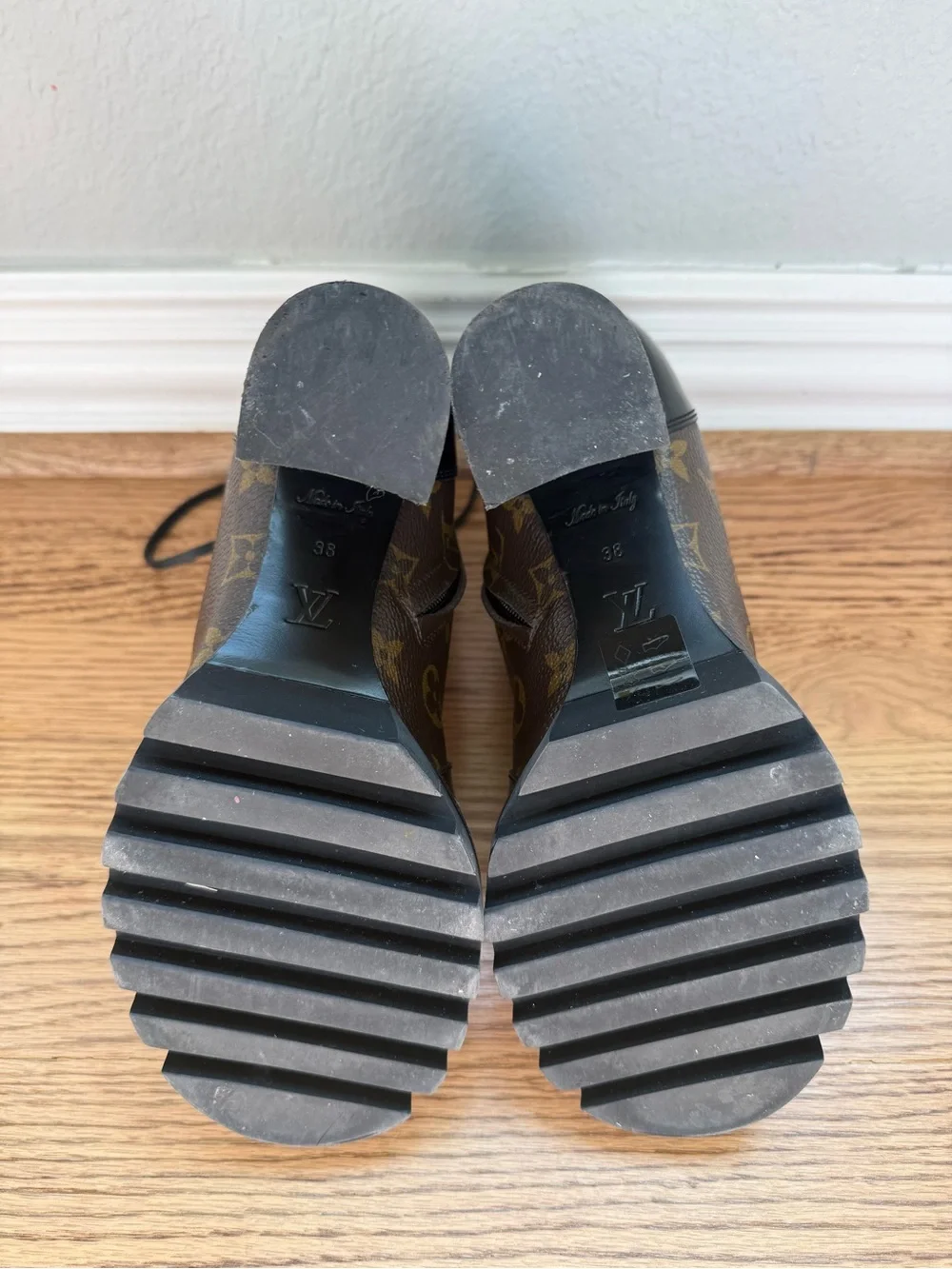 Louis Vuitton Black and Brown Monogram Lace-Up Block Heel Boots